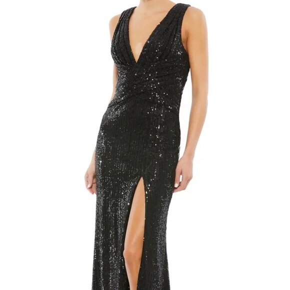 Mac Duggal Black Sparkle Sequin Side Slit Sheath Gown